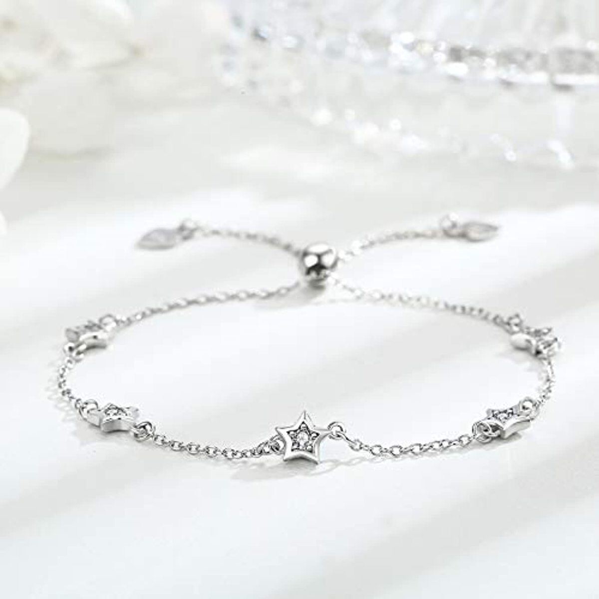 Pulsera de plata de ley con forma circular y estrella de circonita-3