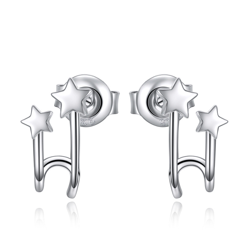 Sterling Silver Circular Shaped Star Stud Earrings-17