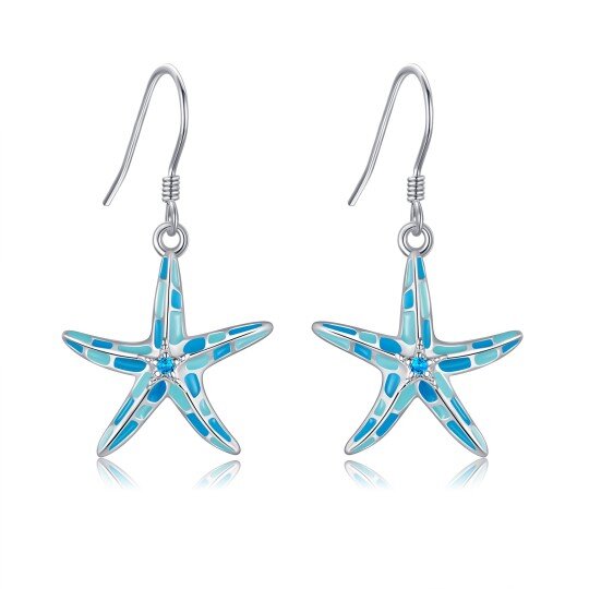 Sterling Silver Circular Shaped Cubic Zirconia Starfish Drop Earrings