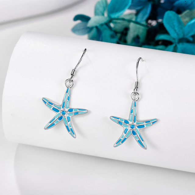 Sterling Silver Circular Shaped Cubic Zirconia Starfish Drop Earrings-4