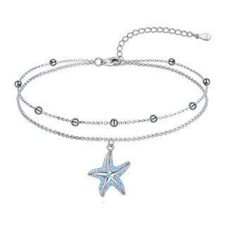 Sterling Silver Circular Shaped Cubic Zirconia Starfish Multi-layered Anklet-20