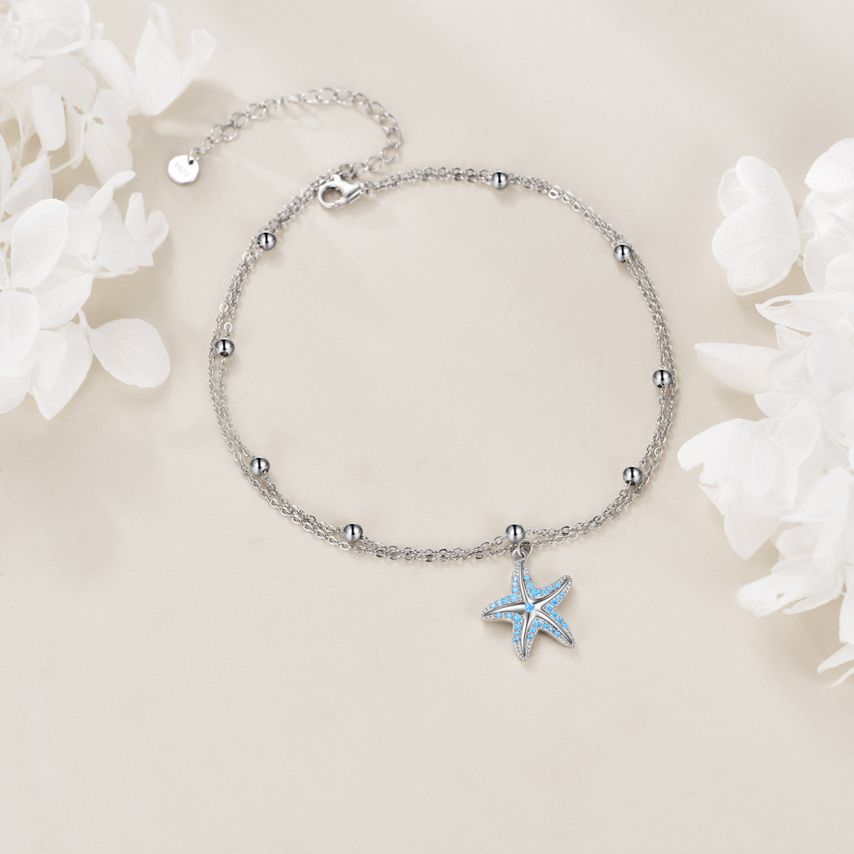 Sterling Silver Circular Shaped Cubic Zirconia Starfish Multi-layered Anklet-4