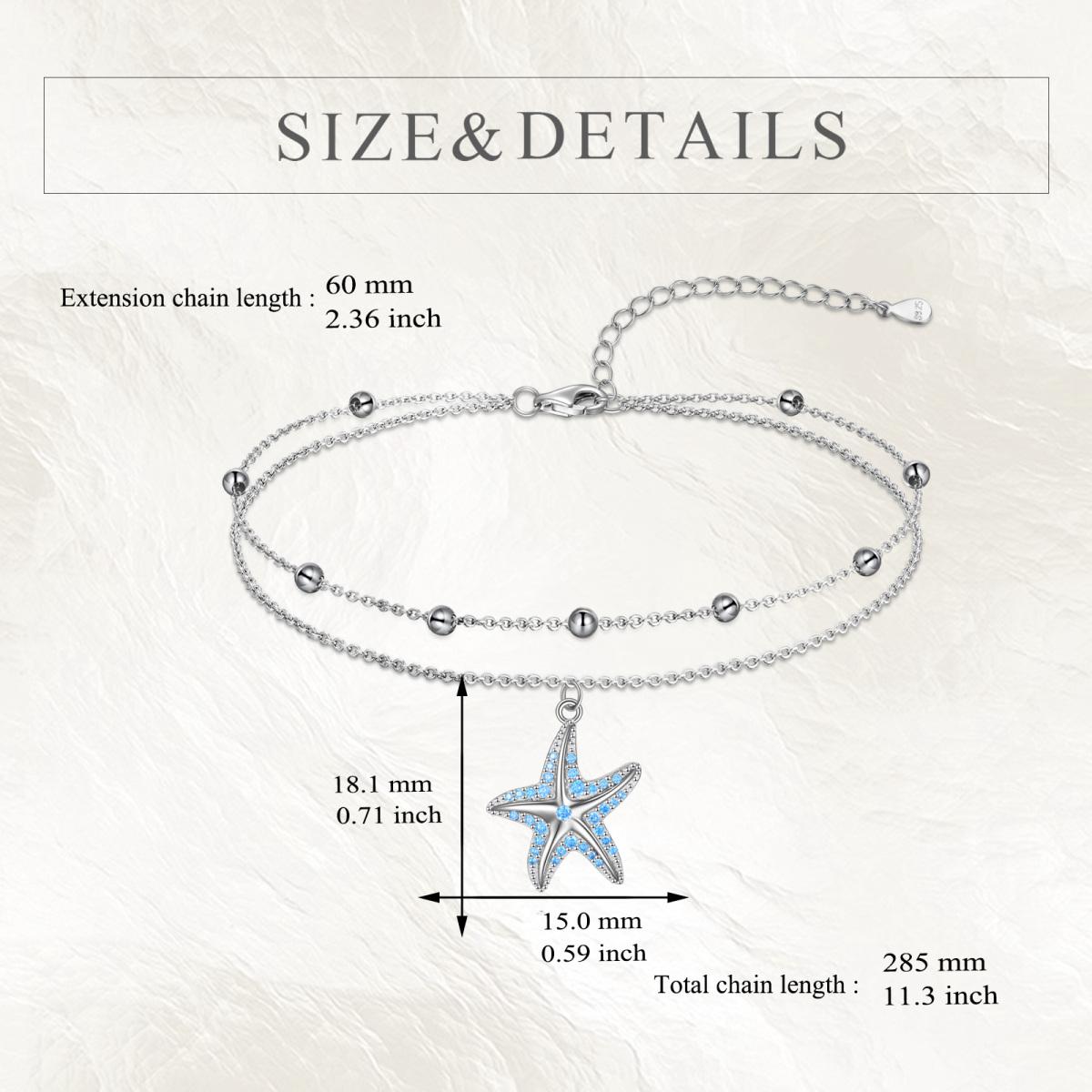 Sterling Silver Circular Shaped Cubic Zirconia Starfish Multi-layered Anklet-5