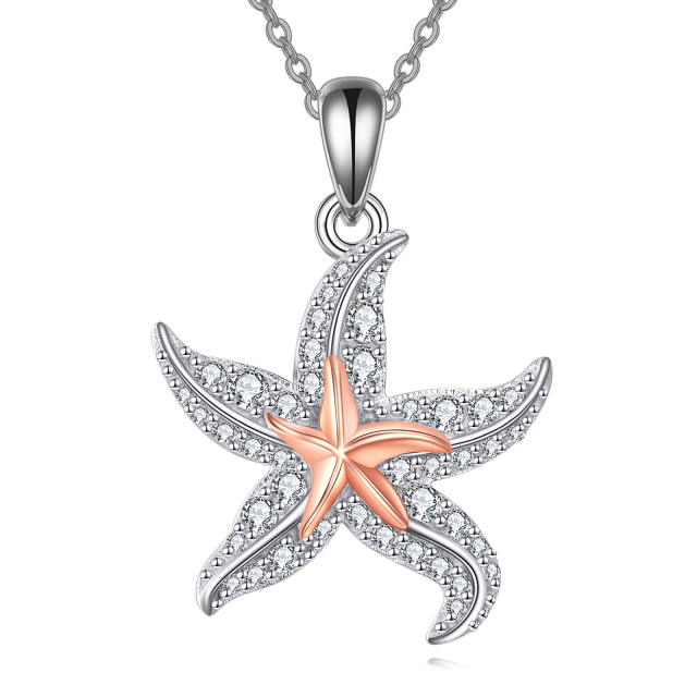 Sterling Silver Circular Shaped Cubic Zirconia Starfish Pendant Necklace-3