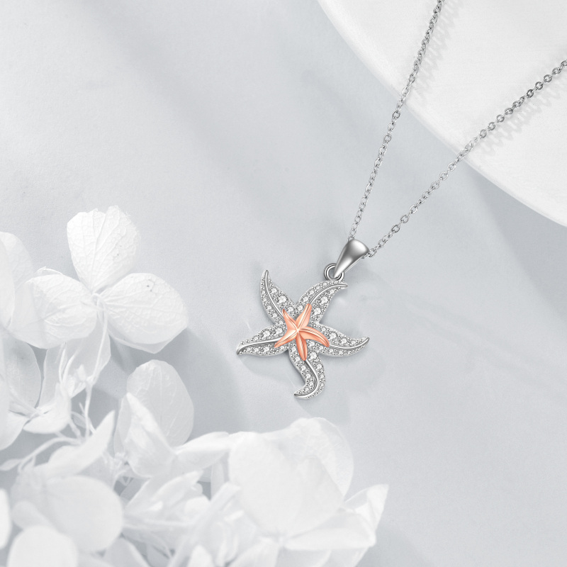 Sterling Silver Circular Shaped Cubic Zirconia Starfish Pendant Necklace-3
