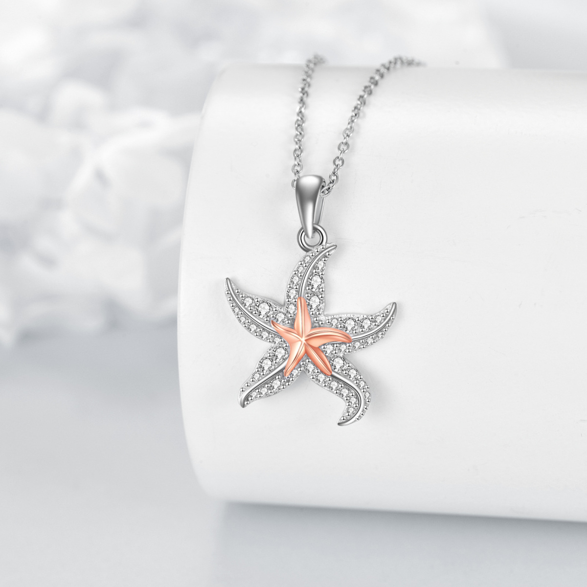 Sterling Silver Circular Shaped Cubic Zirconia Starfish Pendant Necklace-4