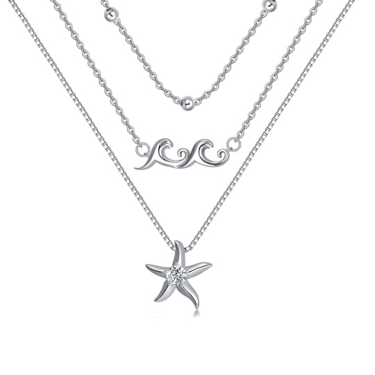 Sterling Silver Circular Shaped Cubic Zirconia Starfish & Spray Layered Necklace-1