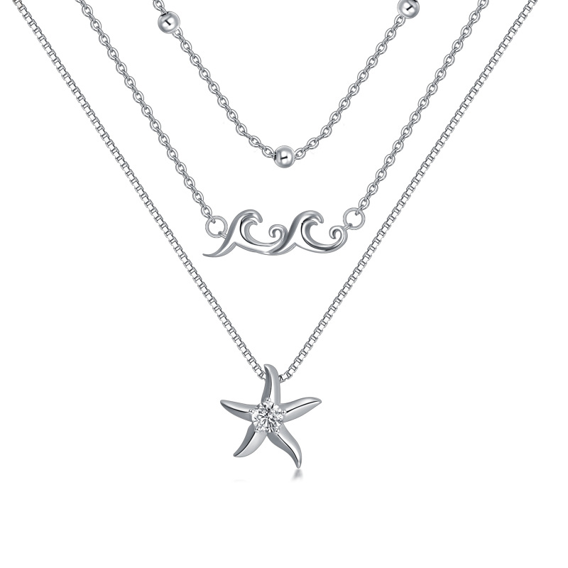 Sterling Silver Circular Shaped Cubic Zirconia Starfish & Spray Layered Necklace