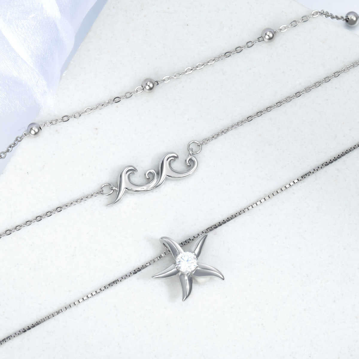 Sterling Silver Circular Shaped Cubic Zirconia Starfish & Spray Layered Necklace-3