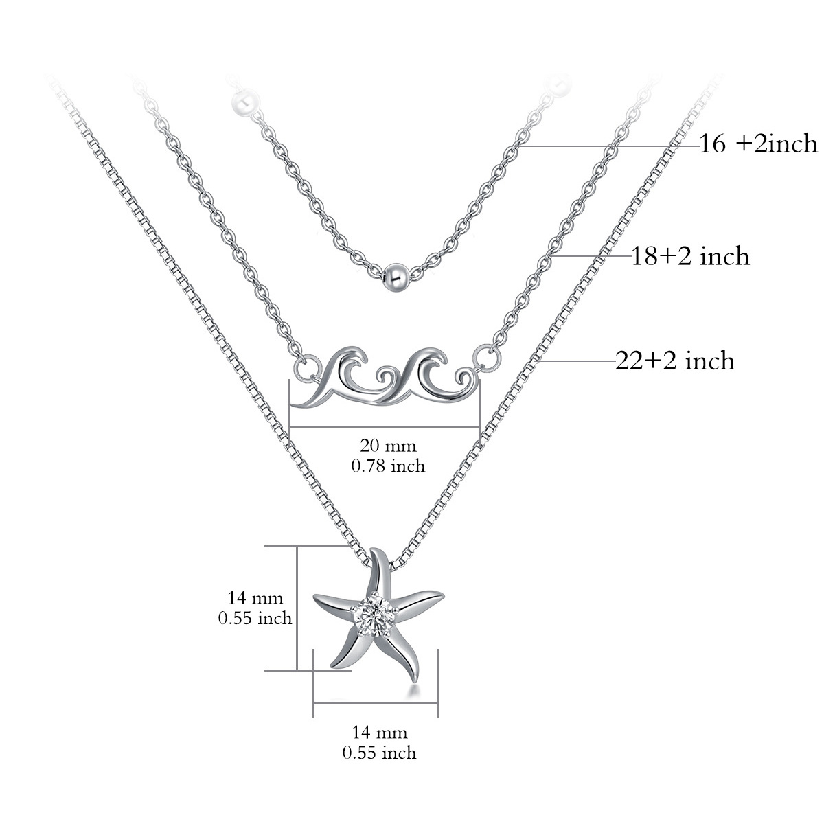 Colar de prata esterlina com zircónias cúbicas em forma de círculo, estrela-do-mar e spray-5