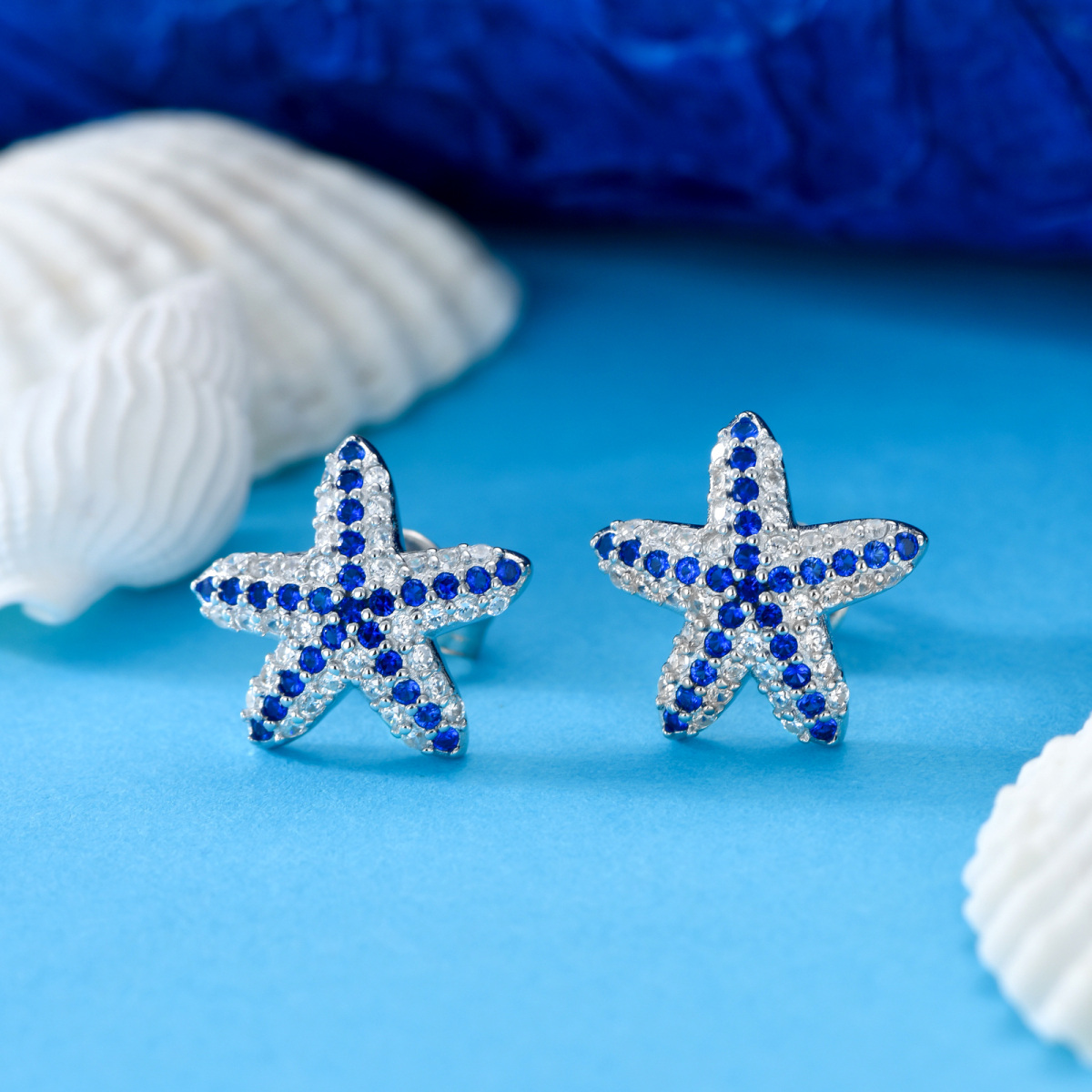 Sterling zilveren cirkelvormige Cubic Zirconia Starfish Stud Oorbellen-3