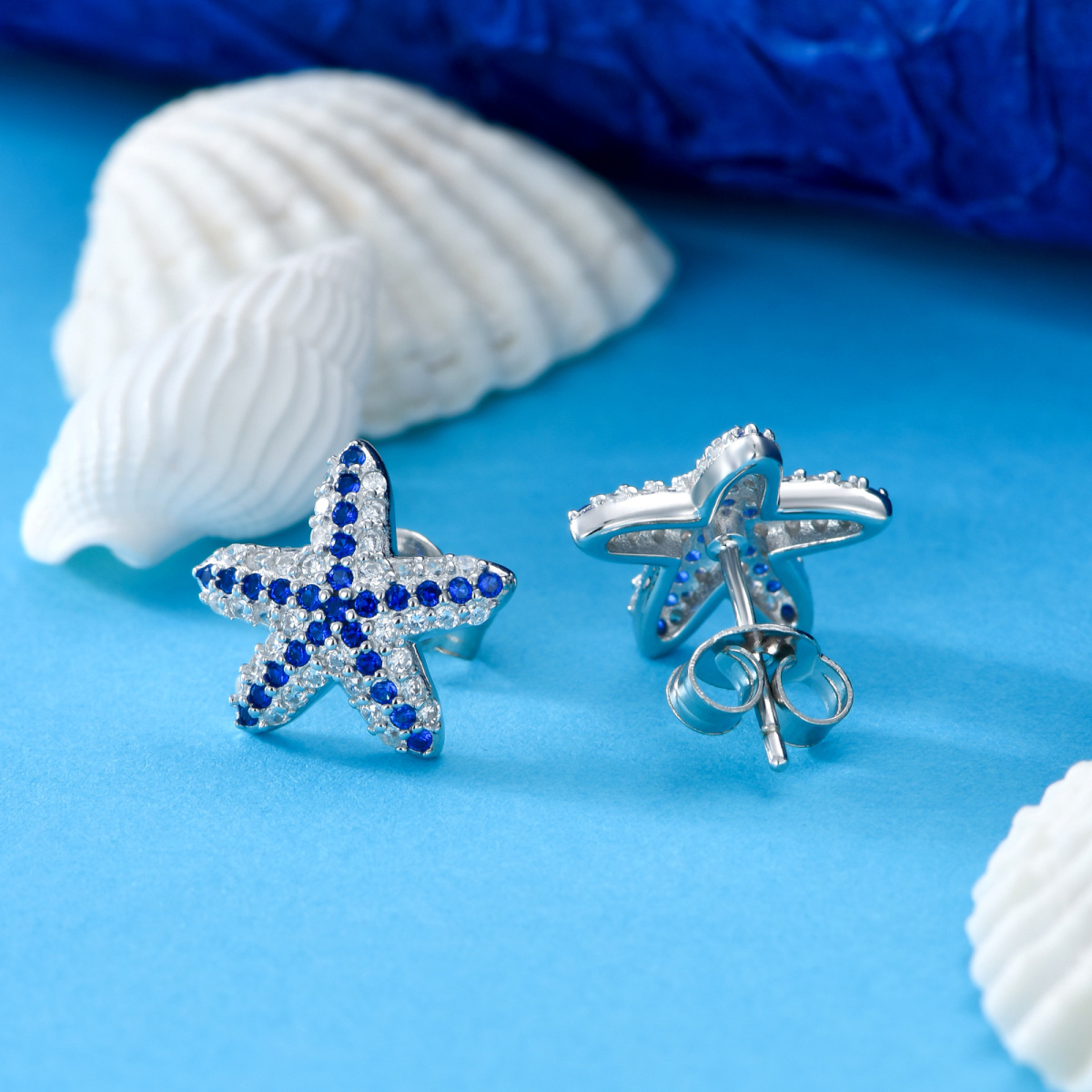 Sterling zilveren cirkelvormige Cubic Zirconia Starfish Stud Oorbellen-4