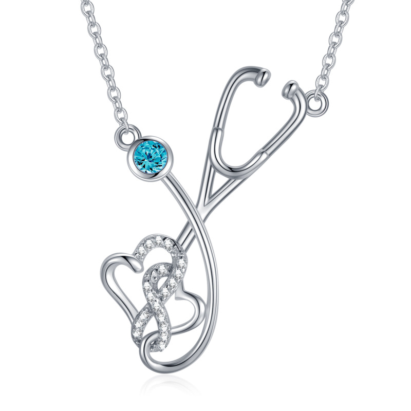 Sterling Silver Circular Shaped Cubic Zirconia Stethoscope Pendant Necklace-7