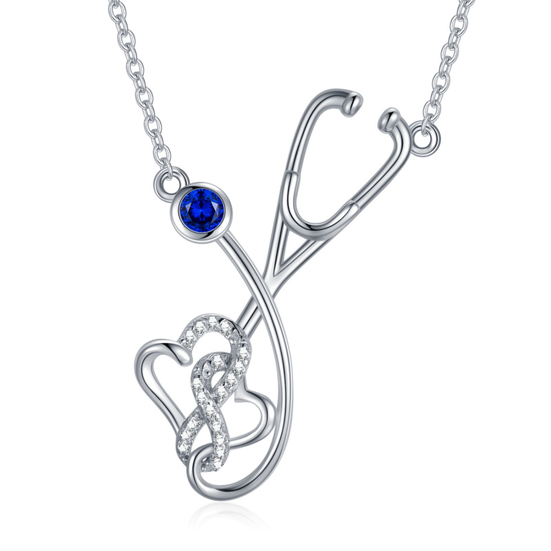 Sterling Silver Circular Shaped Cubic Zirconia Stethoscope Pendant Necklace-7