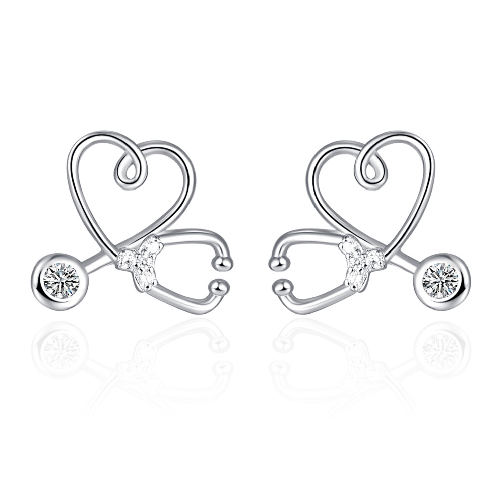 Sterling Silver Circular Shaped Cubic Zirconia Stethoscope Stud Earrings-1