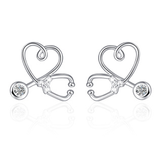 Sterling Silver Circular Shaped Cubic Zirconia Stethoscope Stud Earrings-18