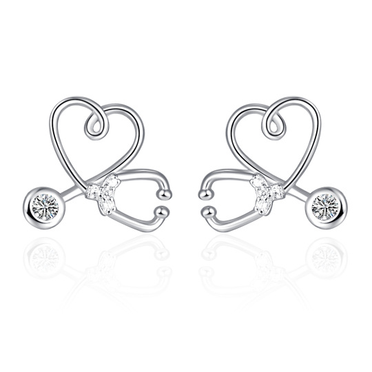 Sterling Silver Circular Shaped Cubic Zirconia Stethoscope Stud Earrings