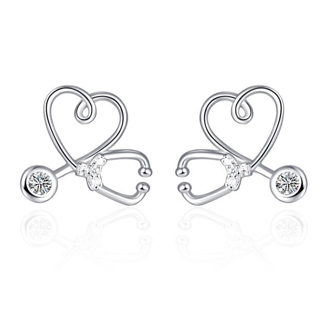 Sterling Silver Circular Shaped Cubic Zirconia Stethoscope Stud Earrings-2