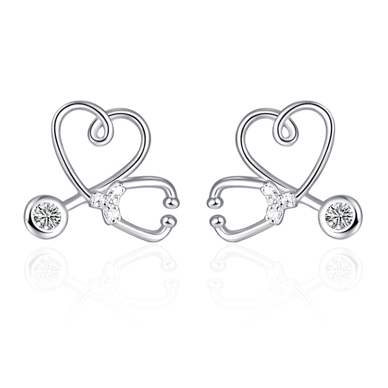 Sterling Silver Circular Shaped Cubic Zirconia Stethoscope Stud Earrings-18