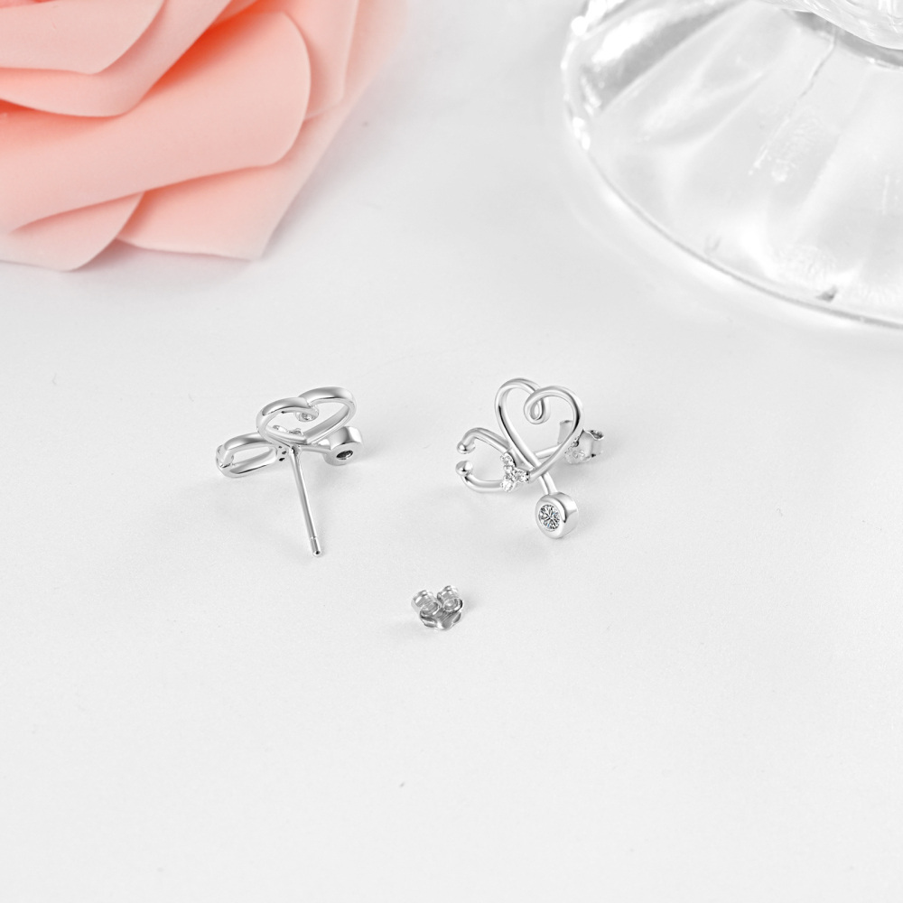 Sterling Silver Circular Shaped Cubic Zirconia Stethoscope Stud Earrings-3