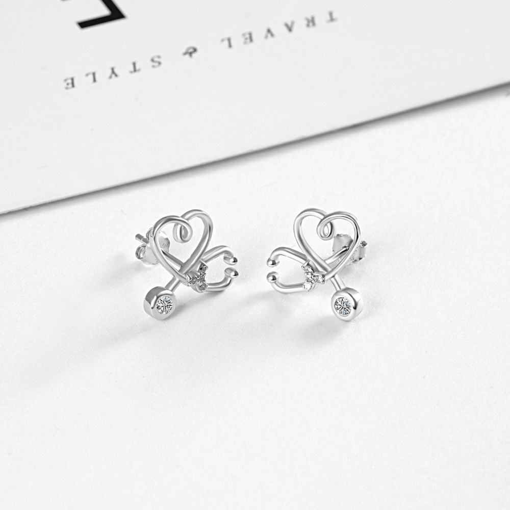 Sterling Silver Circular Shaped Cubic Zirconia Stethoscope Stud Earrings-4