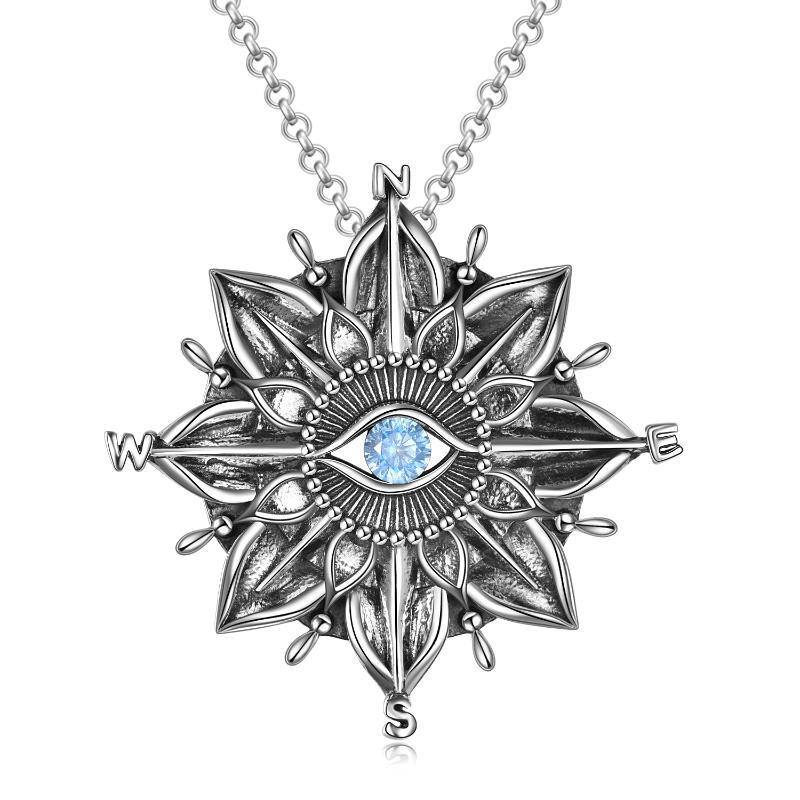Sterling Silver Circular Cubic Zirconia Sunflower With Compass Evil Eye Pendant Necklace For Women-8