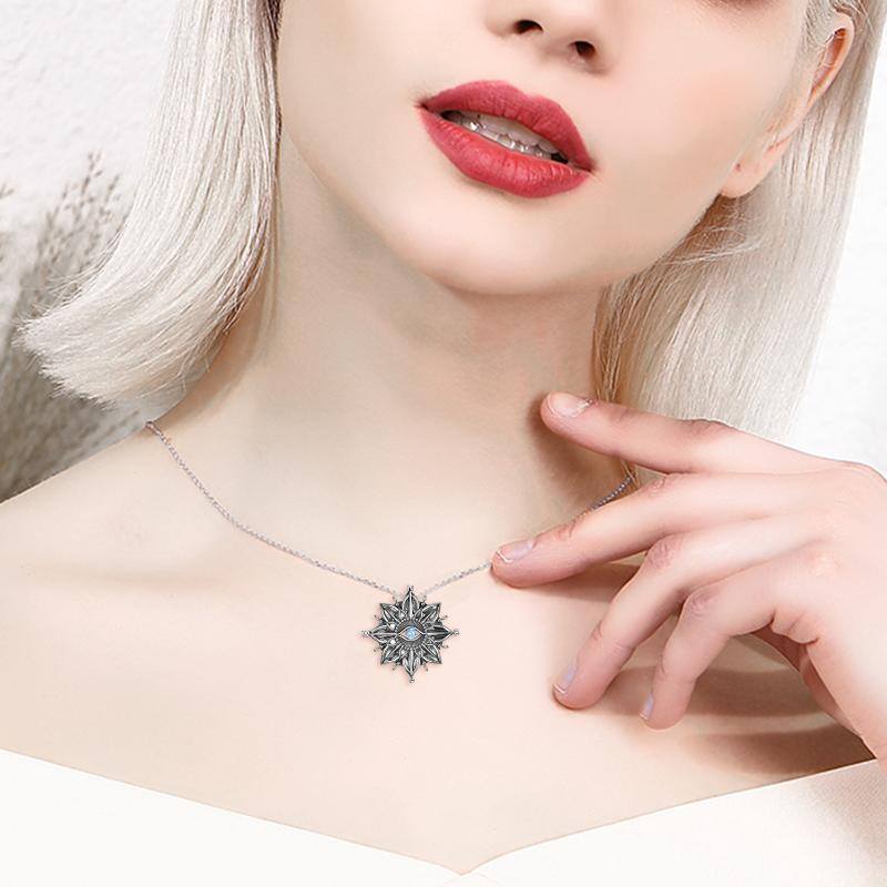 Sterling Silver Circular Cubic Zirconia Sunflower With Compass Evil Eye Pendant Necklace For Women-2