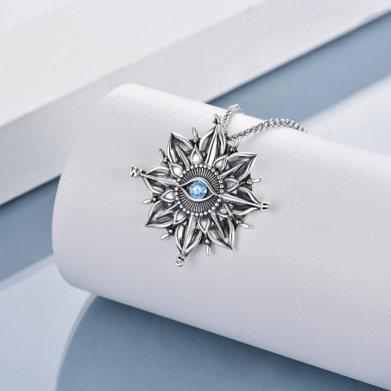Sterling Silver Circular Cubic Zirconia Sunflower With Compass Evil Eye Pendant Necklace For Women-3