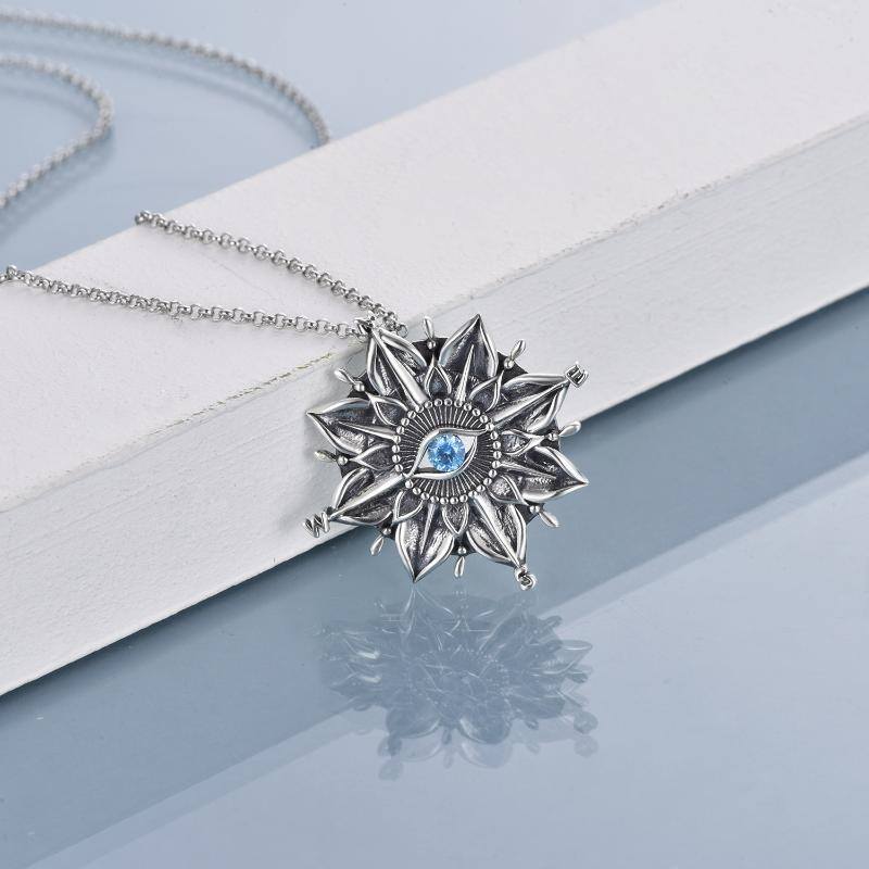 Sterling Silver Circular Cubic Zirconia Sunflower With Compass Evil Eye Pendant Necklace For Women-4