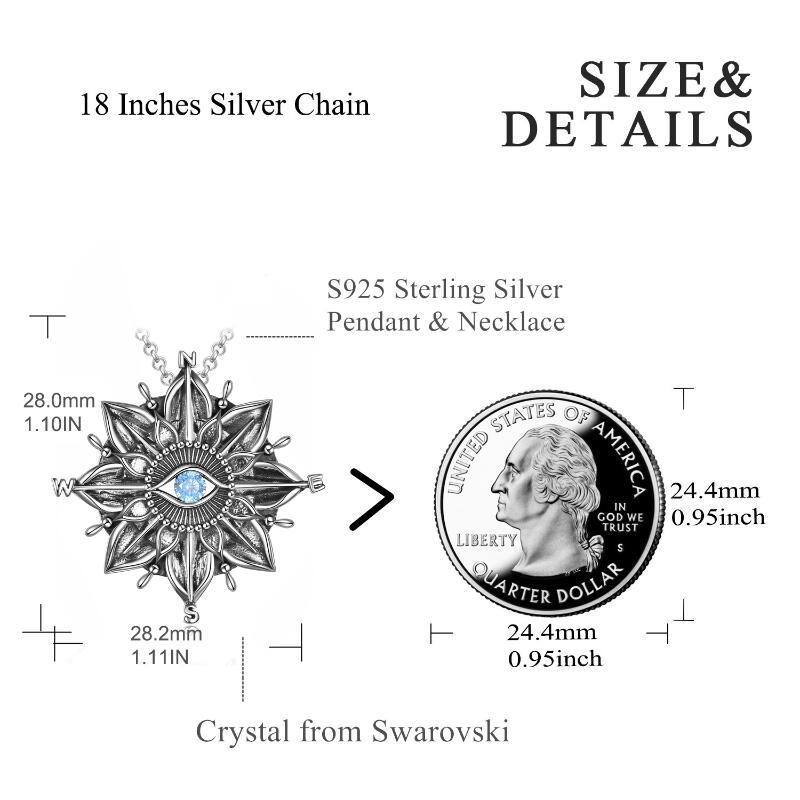 Sterling Silver Circular Cubic Zirconia Sunflower With Compass Evil Eye Pendant Necklace For Women-5