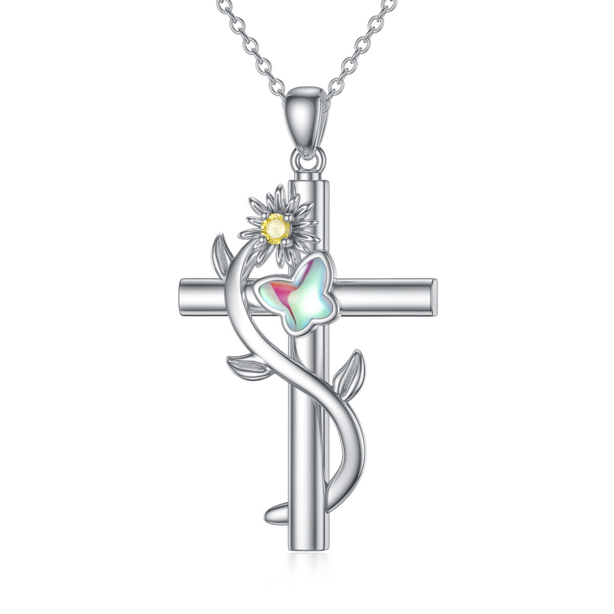 Sterling Silber kreisförmig Cubic Zirkonia Sonnenblume & Kreuz Urne Halskette für Asche-1