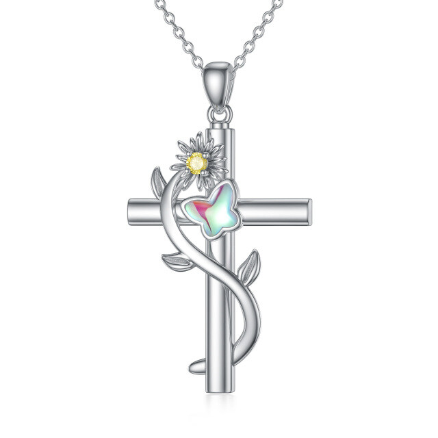 Sterling Silber kreisförmig Cubic Zirkonia Sonnenblume & Kreuz Urne Halskette für Asche