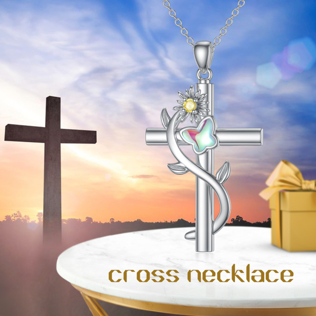 Sterling Silver Circular Shaped Cubic Zirconia Sunflower & Cross Urn Necklace for Ashes-3