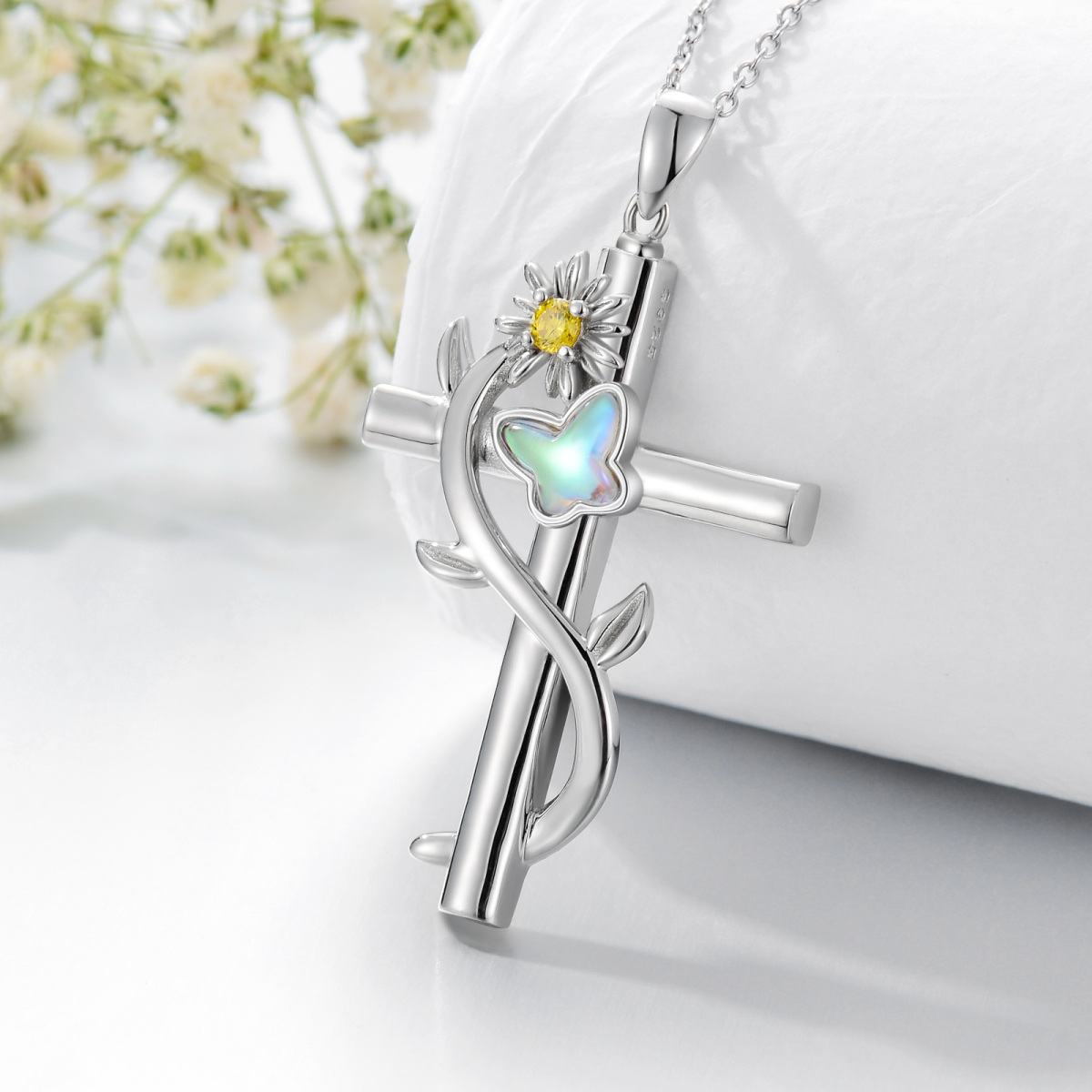 Sterling Silber kreisförmig Cubic Zirkonia Sonnenblume & Kreuz Urne Halskette für Asche-4