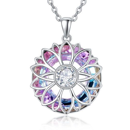 Sterling Silver Circular Shaped Sunflower Crystal Pendant Necklace