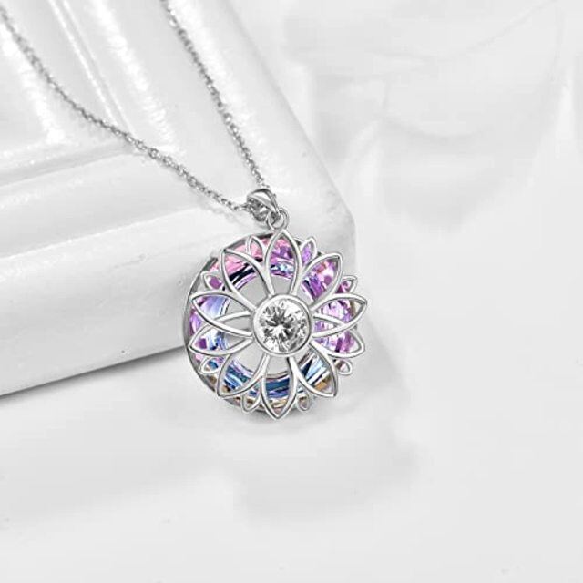 Sterling Silver Circular Shaped Sunflower Crystal Pendant Necklace-3