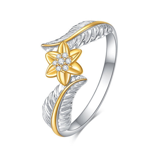 Sterling Silber kreisförmig Cubic Zirkonia Sonnenblume & Feder offenen Ring