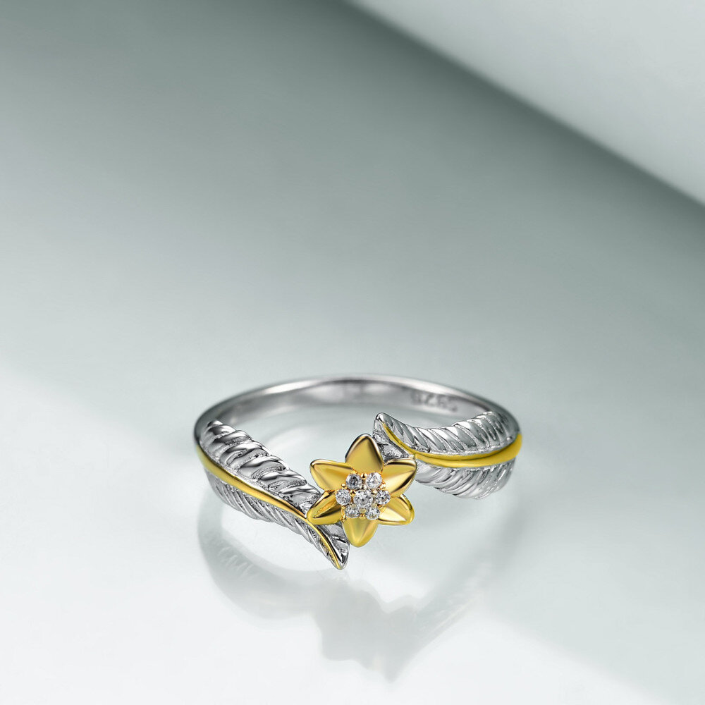 Sterling Silver Round Shaped Cubic Zirconia Sunflower & Feather Open Ring-3