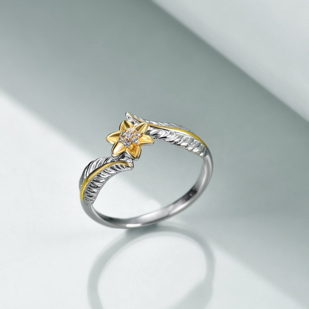 Sterling Silver Round Shaped Cubic Zirconia Sunflower & Feather Open Ring-4