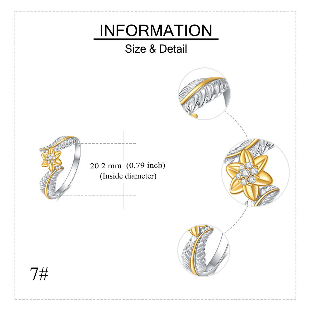 Anillo abierto de plata de ley con forma circular de circonita girasol y pluma-5