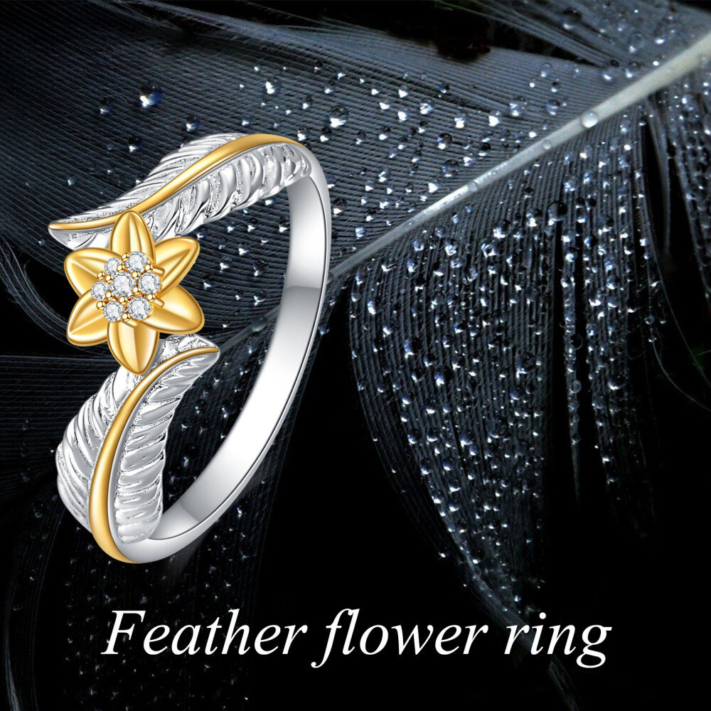Sterling Silver Round Shaped Cubic Zirconia Sunflower & Feather Open Ring-6