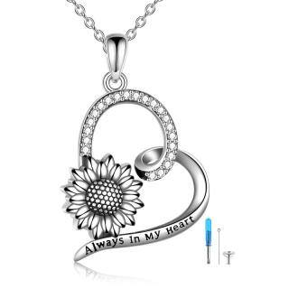 Sterling Silver Circular Shaped Sunflower & Heart Pendant Necklace with Engraved Word-52