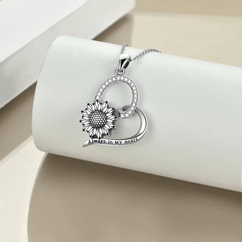 Sterling Silver Circular Shaped Sunflower & Heart Pendant Necklace with Engraved Word-3