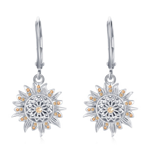 Sterling Silver Circular Shaped Cubic Zirconia Sunflower Lever-back Earrings-5