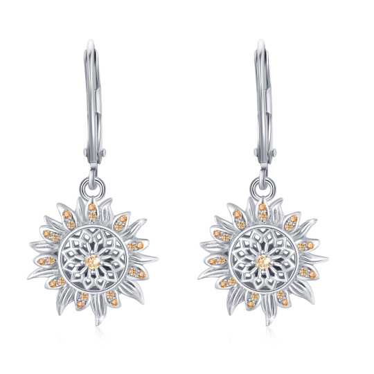 Sterling Silver Circular Shaped Cubic Zirconia Sunflower Lever-back Earrings