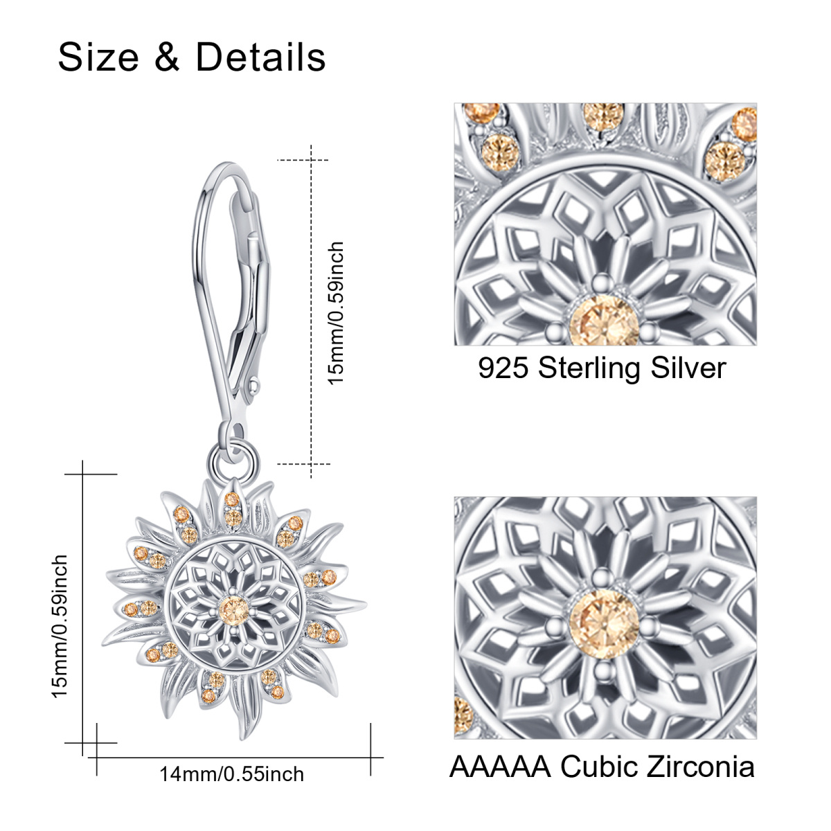 Sterling Silber kreisförmig Cubic Zirkonia Sonnenblume Hebel-zurück Ohrringe-6