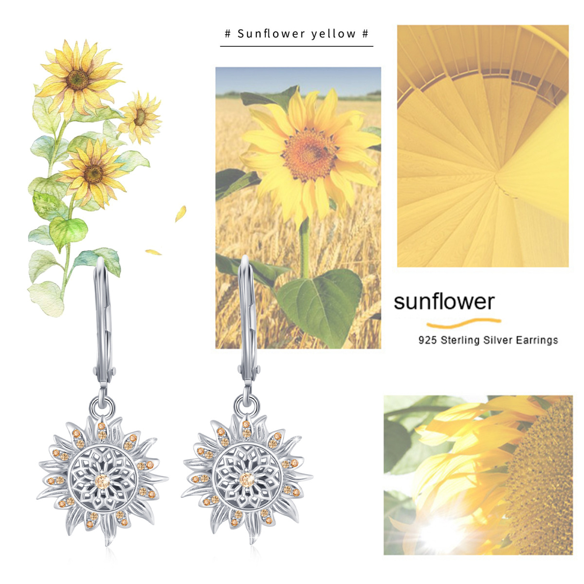 Orecchini a monachella con girasole in argento sterling a forma circolare con zirconi cubici-7