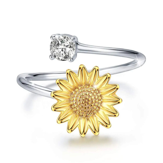 Sterling Silver Circular Shaped Cubic Zirconia Sunflower Open Ring