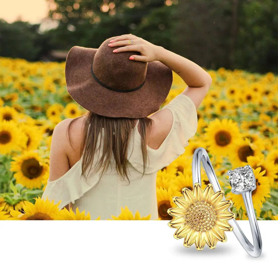 Sterling Silver Circular Shaped Cubic Zirconia Sunflower Open Ring-4