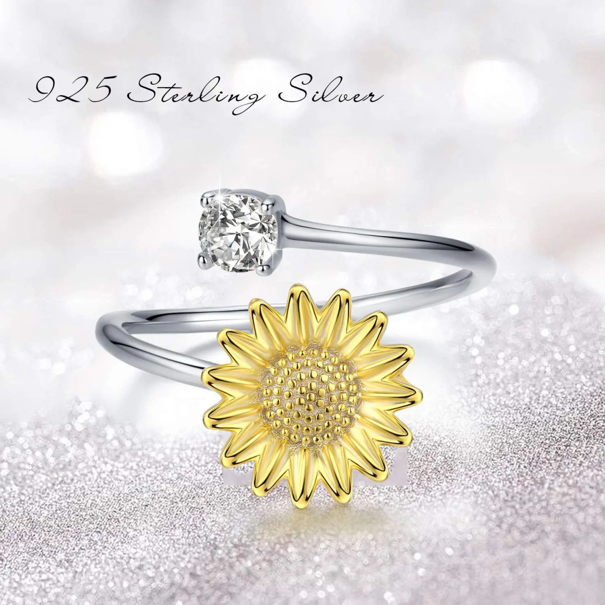 Sterling Silver Circular Shaped Cubic Zirconia Sunflower Open Ring-5